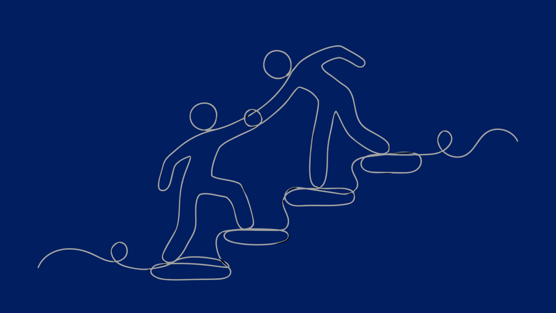 Minimalist line art of two stick figures, one helping the other climb a staircase