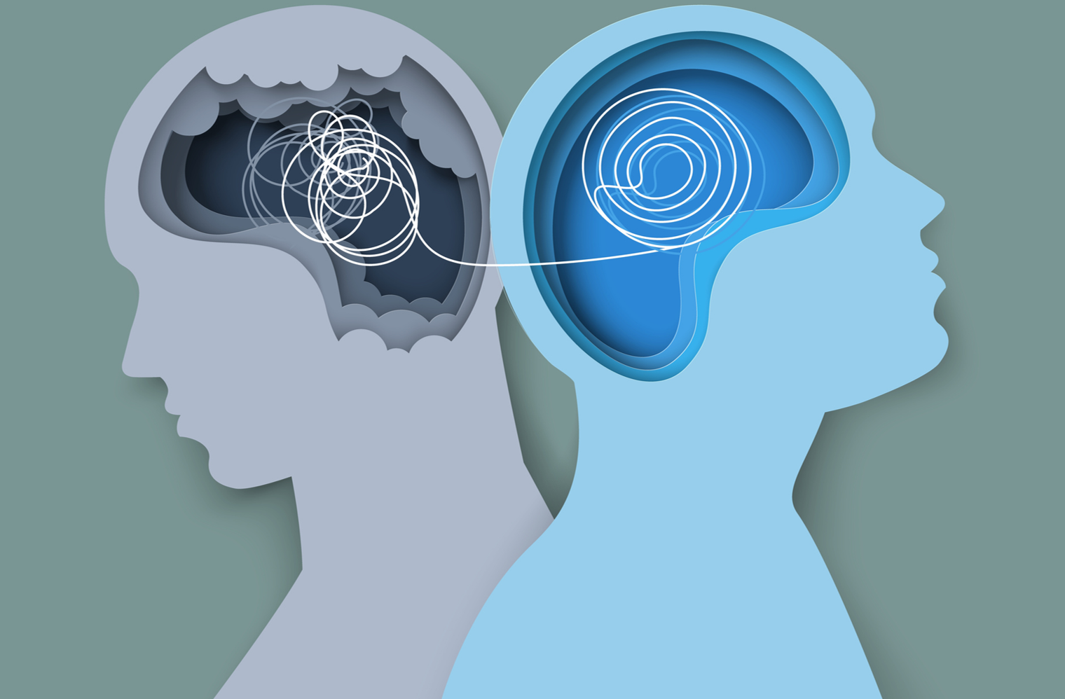 Two silhouettes with brains comprised of interconnected strings